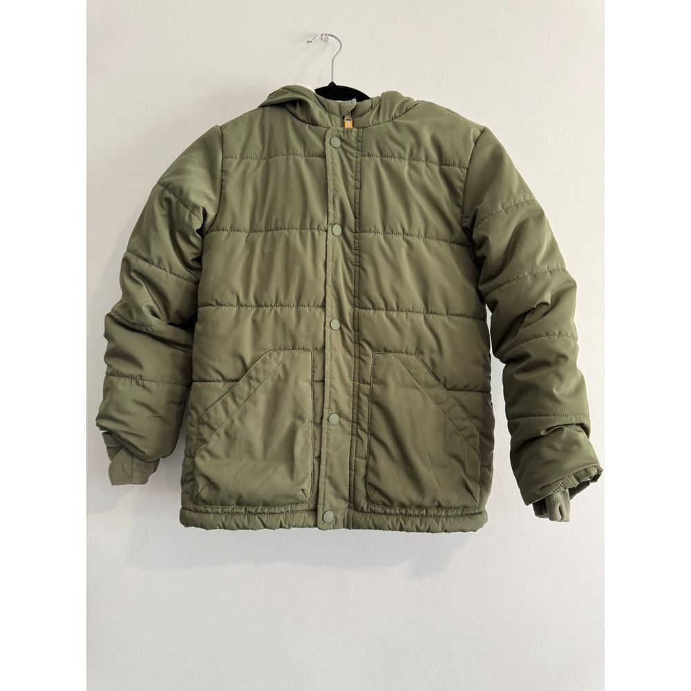 Cat & Jack Hooded Puffer Jacket Boys M 8/10 Olive Green Fleece‎ Lined Coat warm